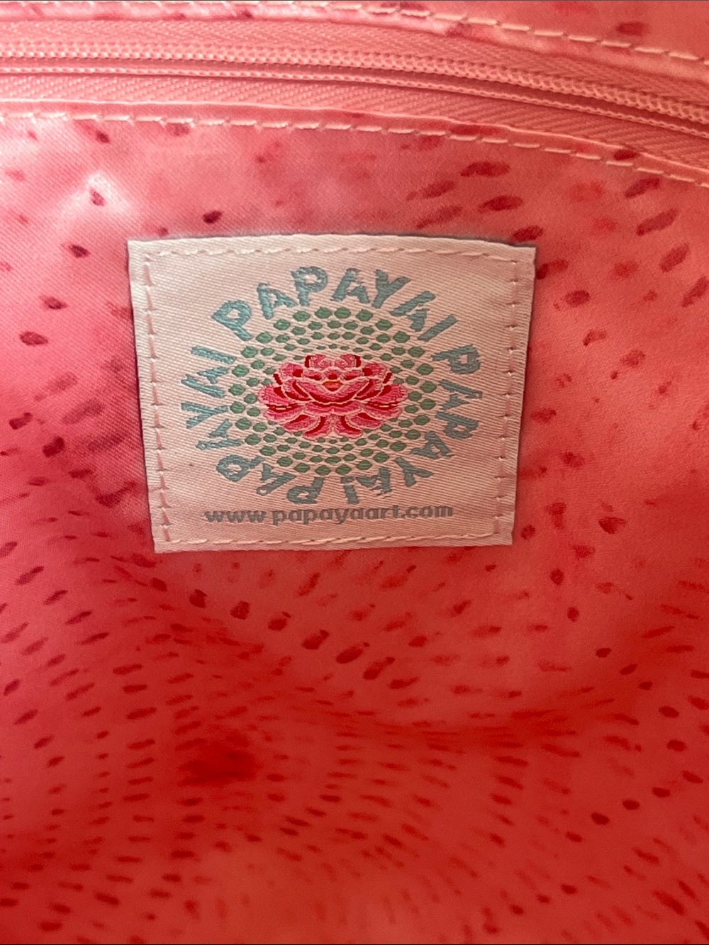 Papaya Navy Tote with Gold Mandala and Brown Straps Pink Satan Lined - Picture 2 of 16
